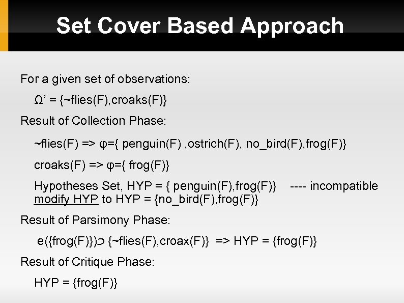 Set Cover Based Approach For a given set of observations: Ω’ = {~flies(F), croaks(F)}