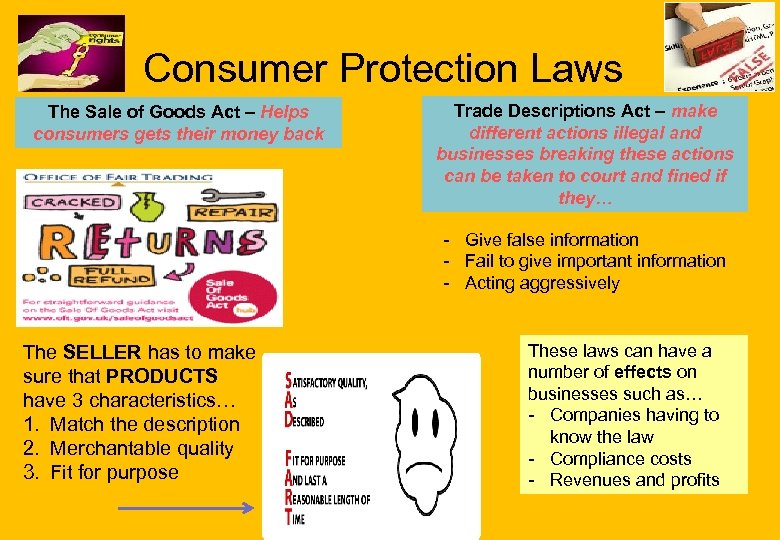 Consumer Protection Laws The Sale of Goods Act – Helps consumers gets their money