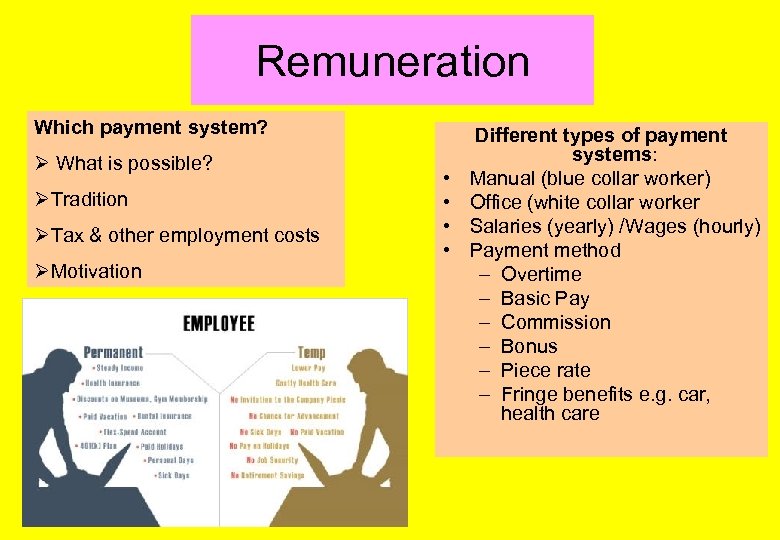 Remuneration Which payment system? Ø What is possible? ØTradition ØTax & other employment costs