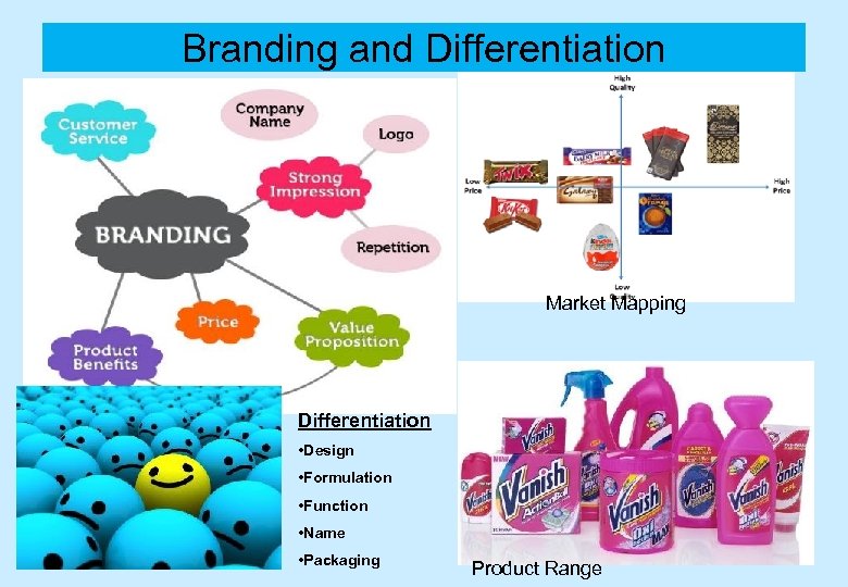 Branding and Differentiation The Product Range Market Mapping Differentiation • Design • Formulation •
