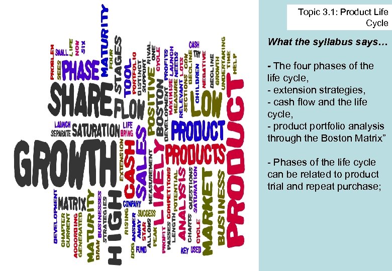 Topic 3. 1: Product Life Cycle What the syllabus says… - The four phases