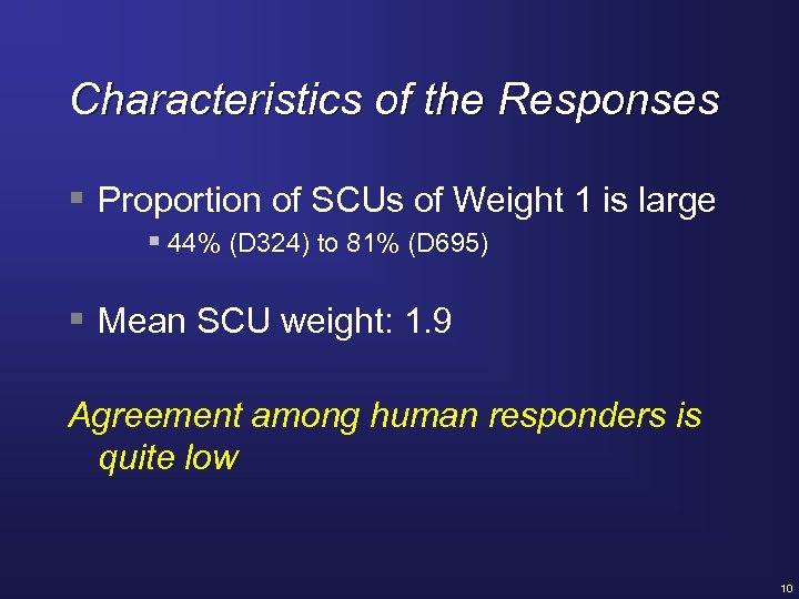 Characteristics of the Responses § Proportion of SCUs of Weight 1 is large §