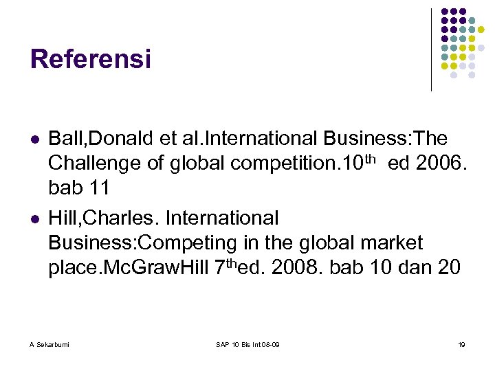 Referensi l l Ball, Donald et al. International Business: The Challenge of global competition.