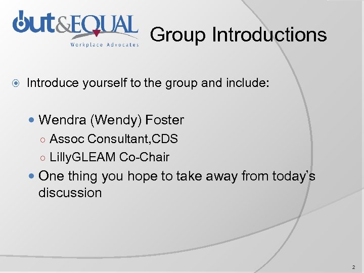 Group Introductions Introduce yourself to the group and include: Wendra (Wendy) Foster ○ Assoc