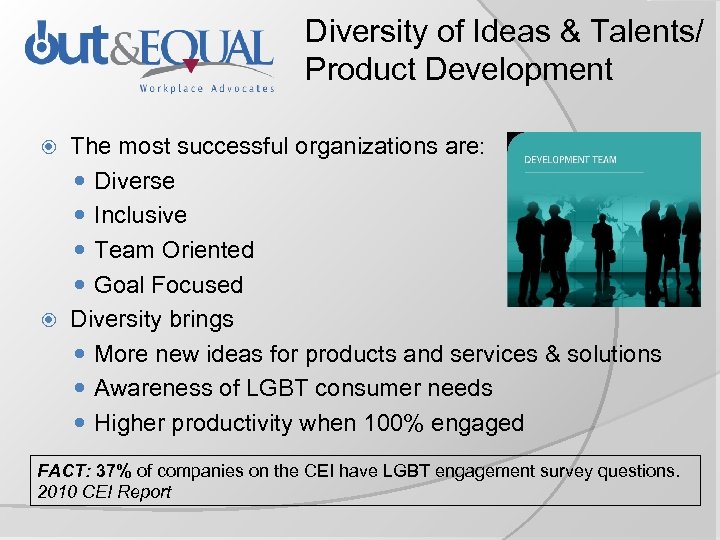 Diversity of Ideas & Talents/ Product Development The most successful organizations are: Diverse Inclusive