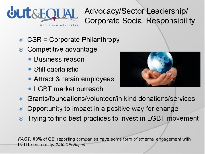 Advocacy/Sector Leadership/ Corporate Social Responsibility CSR = Corporate Philanthropy Competitive advantage Business reason Still