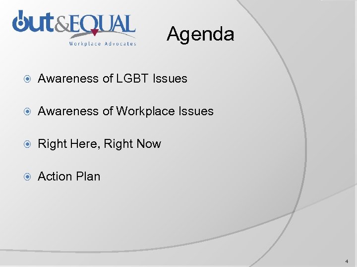 Agenda Awareness of LGBT Issues Awareness of Workplace Issues Right Here, Right Now Action