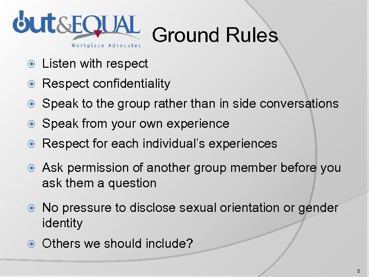 Ground Rules Listen with respect Respect confidentiality Speak to the group rather than in