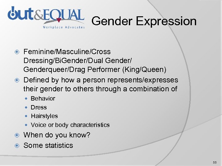 Gender Expression Feminine/Masculine/Cross Dressing/Bi. Gender/Dual Gender/ Genderqueer/Drag Performer (King/Queen) Defined by how a person