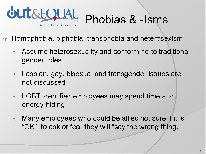 Phobias & -Isms Homophobia, biphobia, transphobia and heterosexism • Assume heterosexuality and conforming to