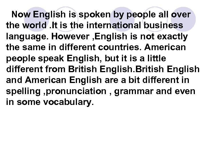 Now English is spoken by people all over the world. It is the international