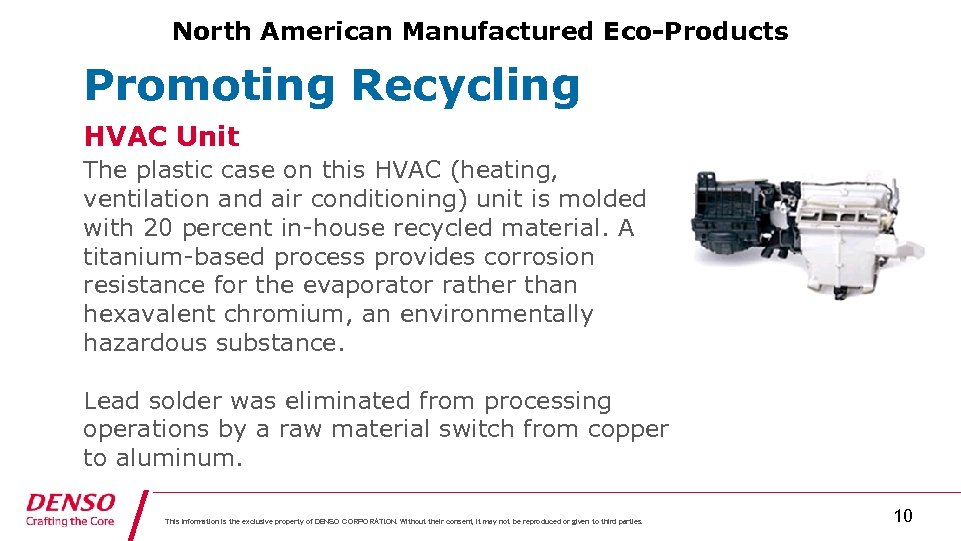 North American Manufactured Eco-Products Promoting Recycling HVAC Unit The plastic case on this HVAC