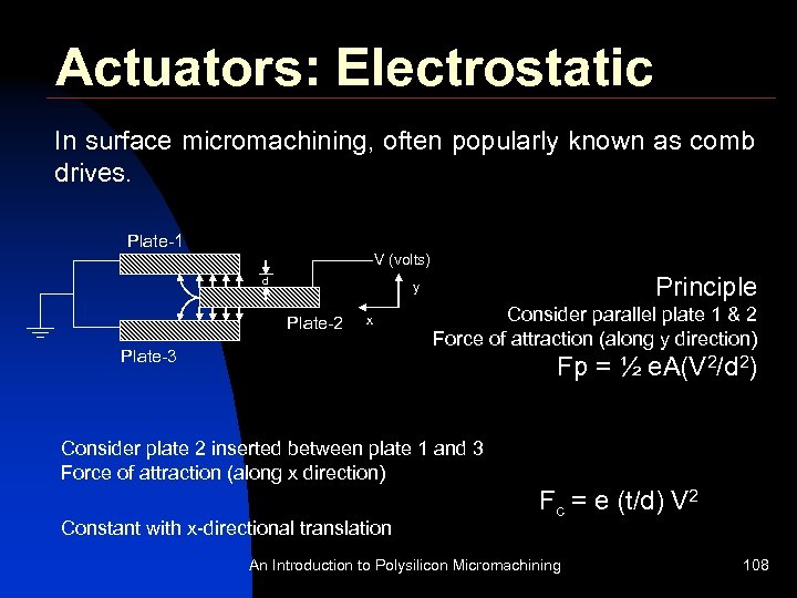 Actuators: Electrostatic In surface micromachining, often popularly known as comb drives. Plate-1 V (volts)