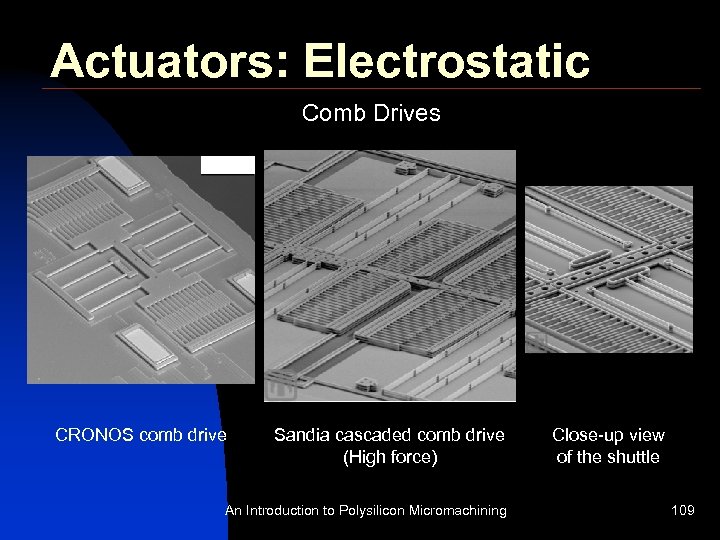 Actuators: Electrostatic Comb Drives CRONOS comb drive Sandia cascaded comb drive (High force) An
