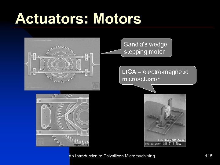Actuators: Motors Sandia’s wedge stepping motor LIGA – electro-magnetic microactuator An Introduction to Polysilicon