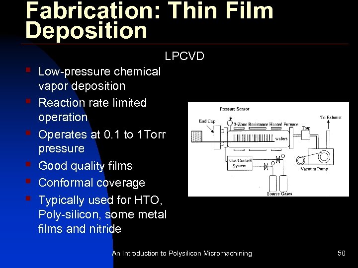 Fabrication: Thin Film Deposition § § § LPCVD Low-pressure chemical vapor deposition Reaction rate