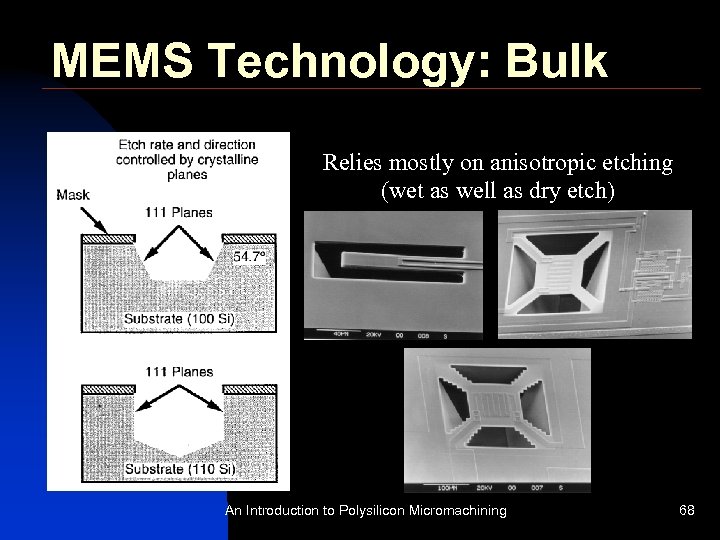 MEMS Technology: Bulk Relies mostly on anisotropic etching (wet as well as dry etch)