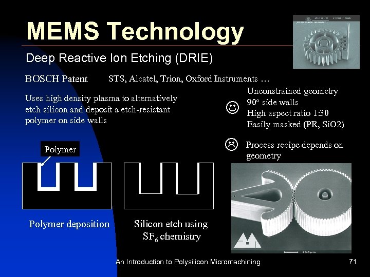 MEMS Technology Deep Reactive Ion Etching (DRIE) BOSCH Patent STS, Alcatel, Trion, Oxford Instruments