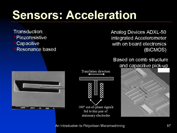 Sensors: Acceleration Transduction: §Piezoresistive §Capacitive §Resonance based Analog Devices ADXL-50 integrated Accelerometer with on
