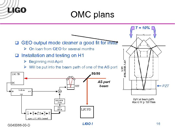 OMC plans T = 10% q GEO output mode cleaner a good fit for