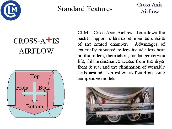 Standard Features CROSS-A+IS AIRFLOW Top Front Back Bottom Cross Axis Airflow CLM’s Cross-Axis Airflow