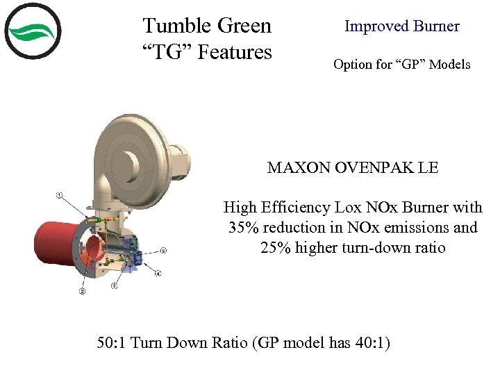 Tumble Green “TG” Features Improved Burner Option for “GP” Models MAXON OVENPAK LE High
