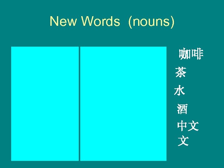 New Words (nouns) kāfēi coffee chá tea 茶 shuǐ water 水 jiǔ zhōngwén wine