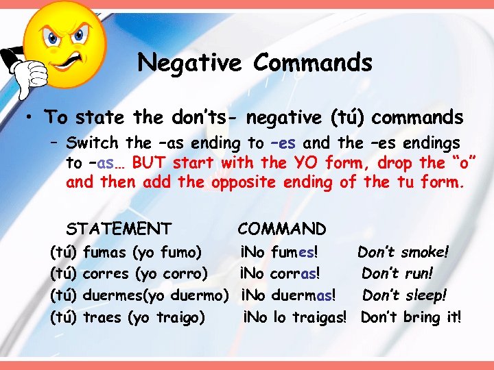 Negative Commands • To state the don’ts- negative (tú) commands – Switch the –as