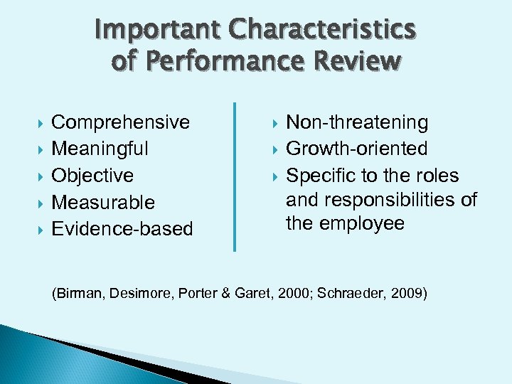Important Characteristics of Performance Review Comprehensive Meaningful Objective Measurable Evidence-based Non-threatening Growth-oriented Specific to