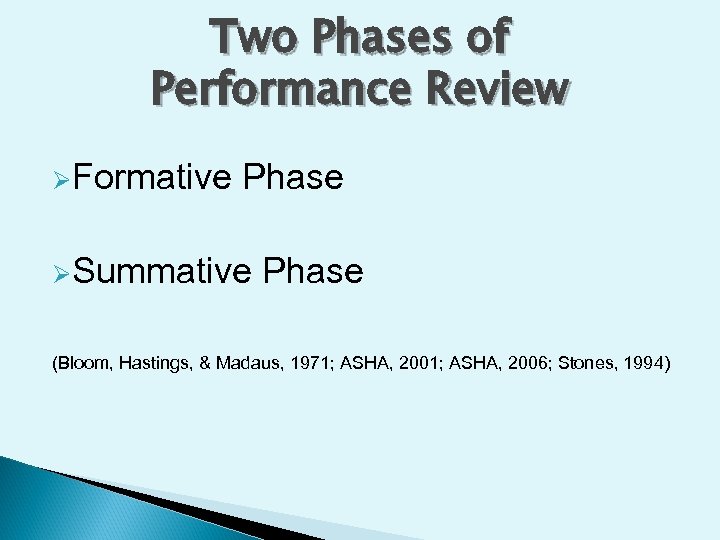 Two Phases of Performance Review ØFormative Phase ØSummative Phase (Bloom, Hastings, & Madaus, 1971;