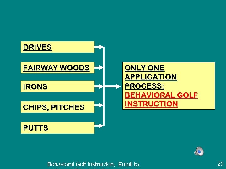 DRIVES FAIRWAY WOODS IRONS CHIPS, PITCHES ONLY ONE APPLICATION PROCESS: BEHAVIORAL GOLF INSTRUCTION PUTTS