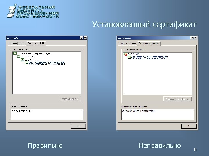Установленный сертификат Правильно Неправильно 9 