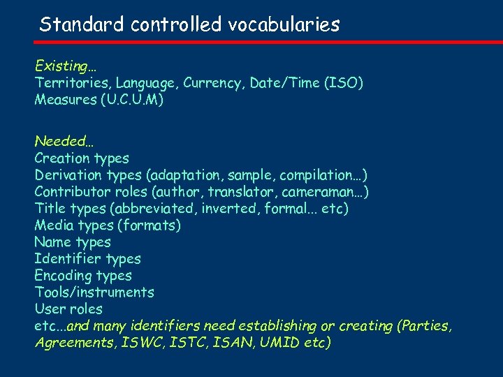 Standard controlled vocabularies Existing… Territories, Language, Currency, Date/Time (ISO) Measures (U. C. U. M)
