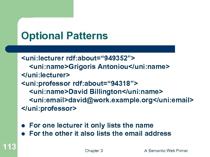 Optional Patterns <uni: lecturer rdf: about=“ 949352”> <uni: name>Grigoris Antoniou</uni: name> </uni: lecturer> <uni: