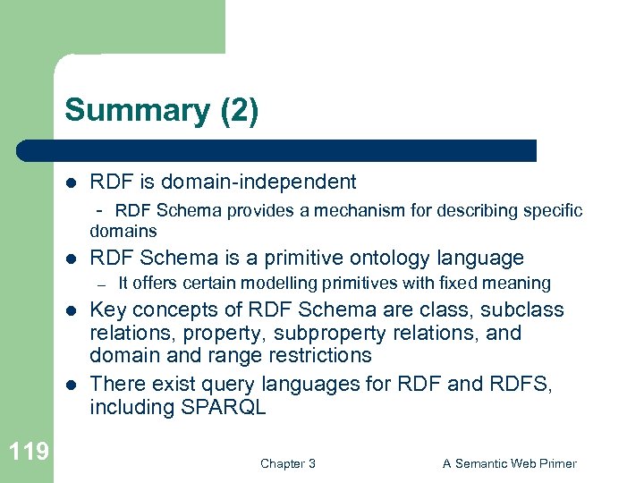 Summary (2) l RDF is domain-independent - RDF Schema provides a mechanism for describing