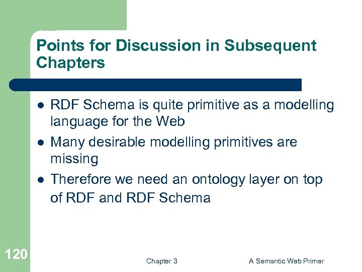Points for Discussion in Subsequent Chapters l l l 120 RDF Schema is quite