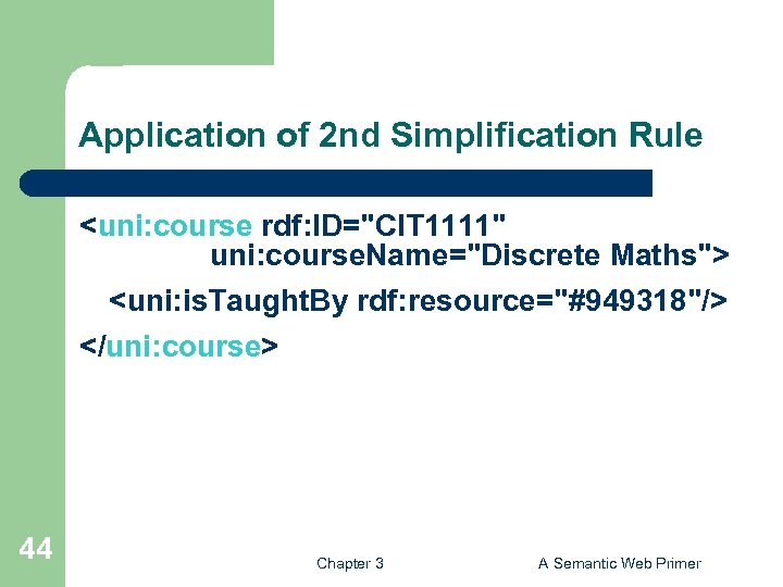 Application of 2 nd Simplification Rule <uni: course rdf: ID="CIT 1111" uni: course. Name="Discrete