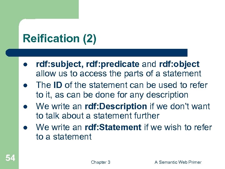Reification (2) l l 54 rdf: subject, rdf: predicate and rdf: object allow us