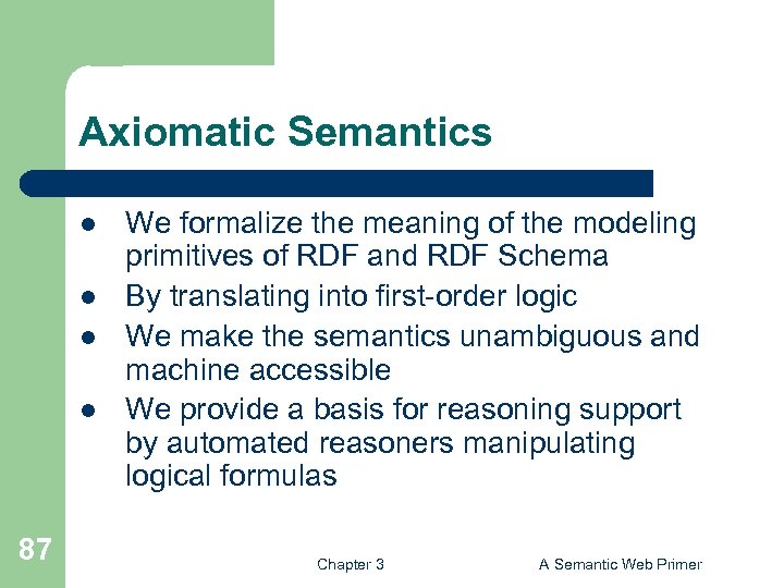 Axiomatic Semantics l l 87 We formalize the meaning of the modeling primitives of