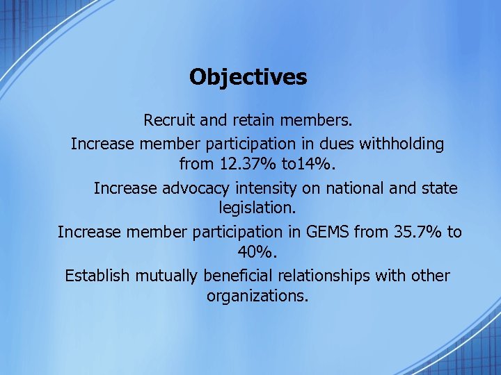 Objectives Recruit and retain members. Increase member participation in dues withholding from 12. 37%