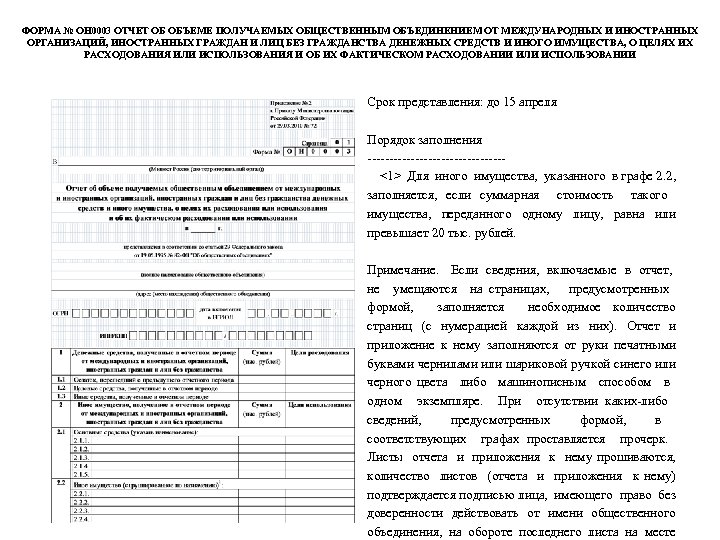 ФОРМА № ОН 0003 ОТЧЕТ ОБ ОБЪЕМЕ ПОЛУЧАЕМЫХ ОБЩЕСТВЕННЫМ ОБЪЕДИНЕНИЕМ ОТ МЕЖДУНАРОДНЫХ И ИНОСТРАННЫХ