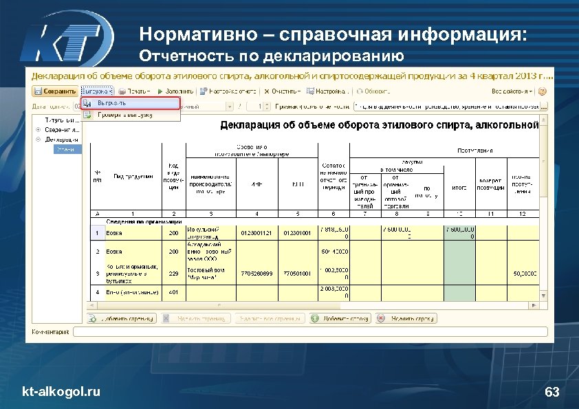 Нормативно – справочная информация: Отчетность по декларированию kt-alkogol. ru 63 