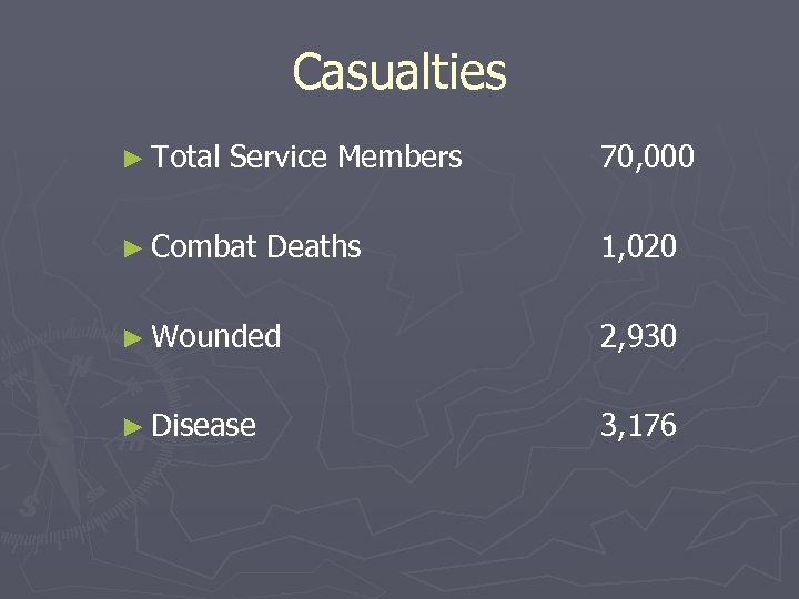 Casualties ► Total Service Members ► Combat Deaths 70, 000 1, 020 ► Wounded