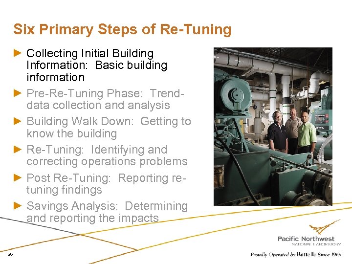 Six Primary Steps of Re-Tuning Collecting Initial Building Information: Basic building information Pre-Re-Tuning Phase: