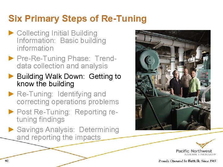 Six Primary Steps of Re-Tuning Collecting Initial Building Information: Basic building information Pre-Re-Tuning Phase: