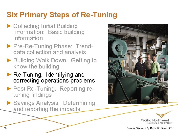 Six Primary Steps of Re-Tuning Collecting Initial Building Information: Basic building information Pre-Re-Tuning Phase: