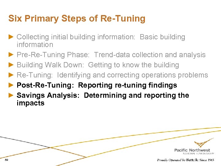 Six Primary Steps of Re-Tuning Collecting initial building information: Basic building information Pre-Re-Tuning Phase:
