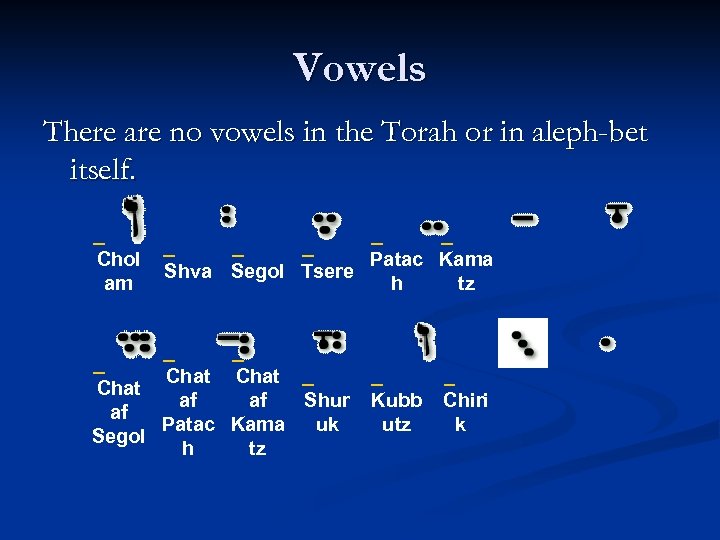 Vowels There are no vowels in the Torah or in aleph-bet itself. Chol Patac