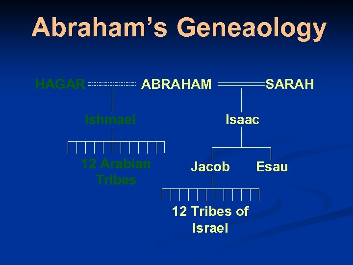 Abraham’s Geneaology HAGAR ABRAHAM Ishmael 12 Arabian Tribes SARAH Isaac Jacob 12 Tribes of