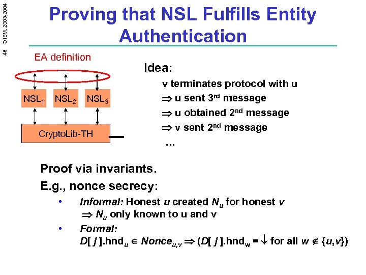 48 © IBM, 2003 -2004 Proving that NSL Fulfills Entity Authentication EA definition NSL